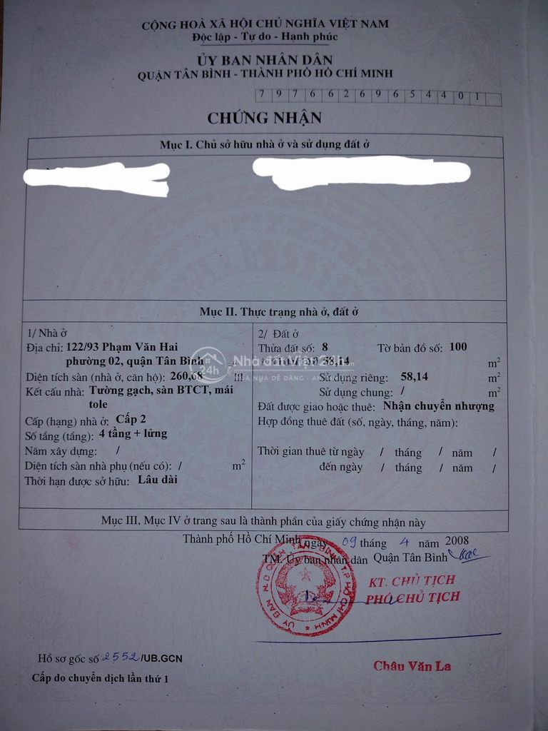 Bán nhà mặt tiền Ngô Thị Thu Minh sát chợ Phạm Văn Hai