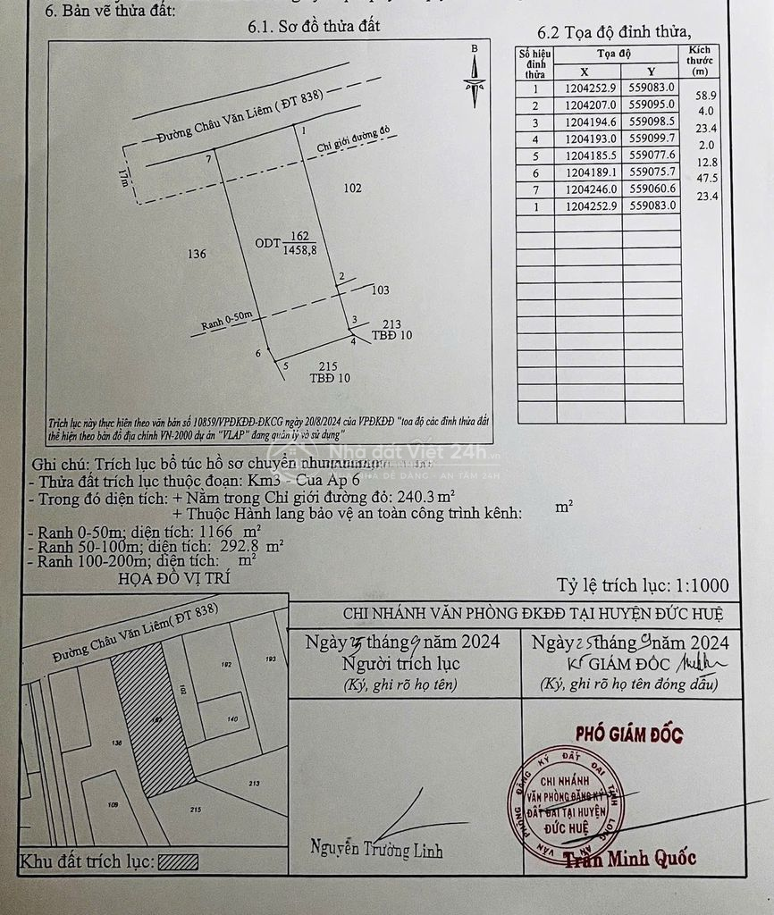 Bán 1.458m² mặt tiền TL838 – Sổ đỏ ODT – Đức Huệ Long An – 11,5 tỷ TL