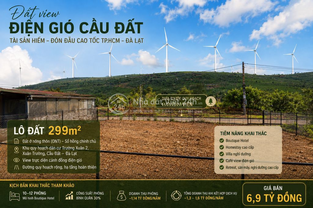 BÁN ĐẤT VIEW ĐIỆN GIÓ ĐẸP BẬC NHẤT ĐÀ LẠT, 299 m² – MT 15m, GIÁ 6.9 TỶ