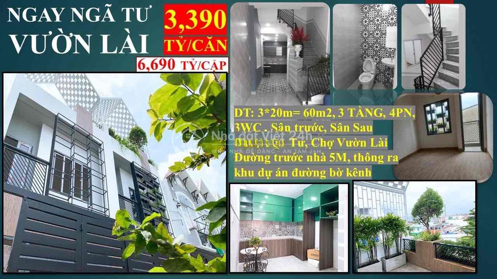 NGÃ TƯ VƯỜN LÀI - 60M2 ĐẤT, 3  tầng - 4pn- 3,390 TỶ.