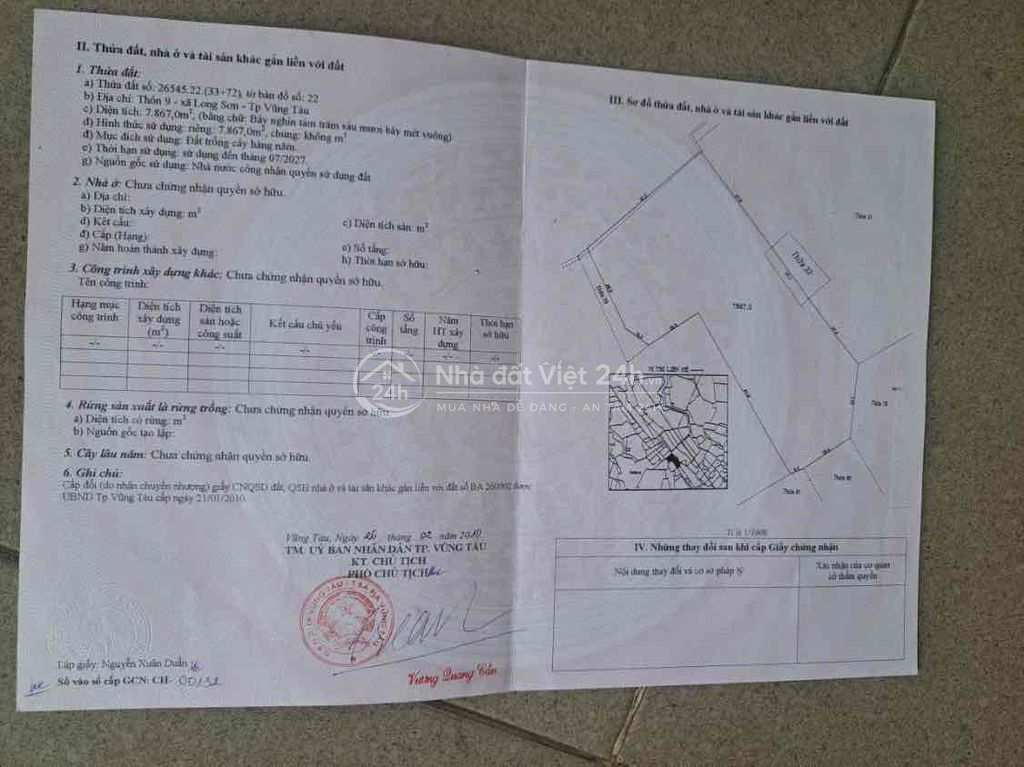 cần bán đất.thôn 9 xã Long Sơn bờ rịa Vũng tàu