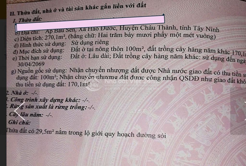 Bán đất Tây Ninh, mặt tiền nhựa. 270m. 100m thổ cư. Giá 560tr.