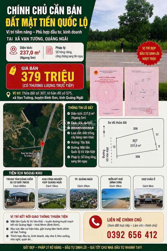🔥379 Triệu- chính chủ bán 237m2 Đất Vạn Tường, Quảng Ngãi