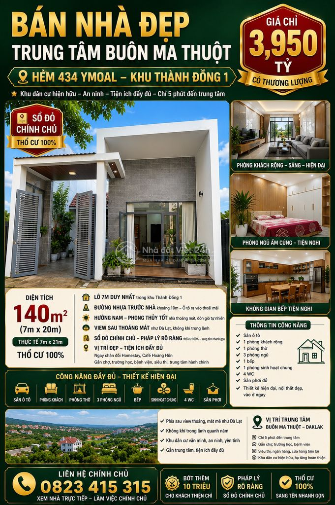 (CHÍNH CHỦ) NHÀ HẺM 434 YMOAL,THÀNH ĐỒNG 1 ; 2 LẦU, 7X21 , 3950 TỶ.