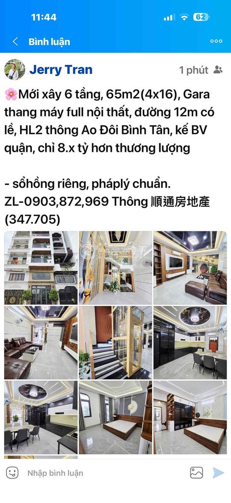 Mới xây 6 tầng, 65m2(4x16), gara thang máy, đường 12m HL2 Bình Tận