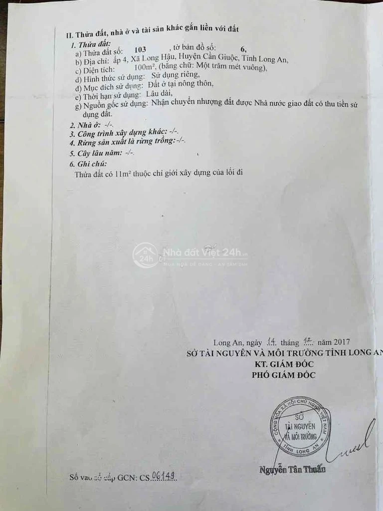 Cần bán đất thổ cư Long Hậu đường nhựa 6m