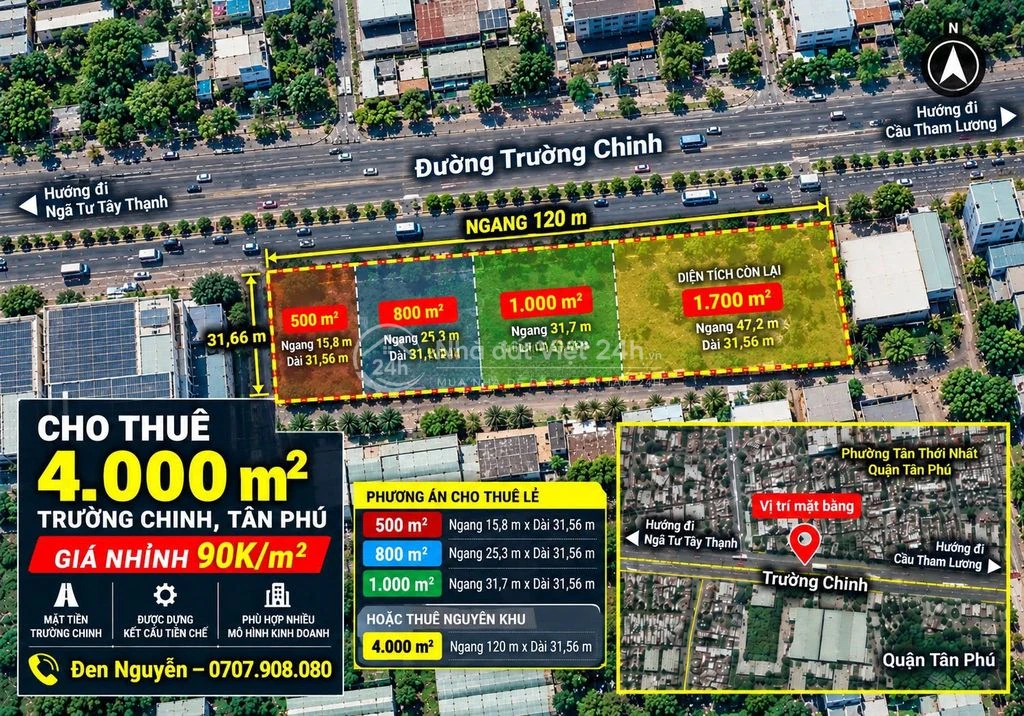 Cho thuê Đất 4000m2 mặt tiền Trường chinh, Tân Phú có cắt lẻ 500m2