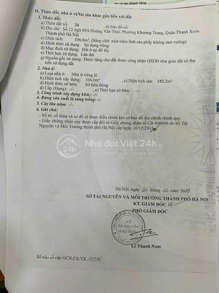 Bán nhà 3 tầng số 12 ngõ 69A phố Hoàng Văn Thái ô tô tránh kinh doanh giá 28 tỷ